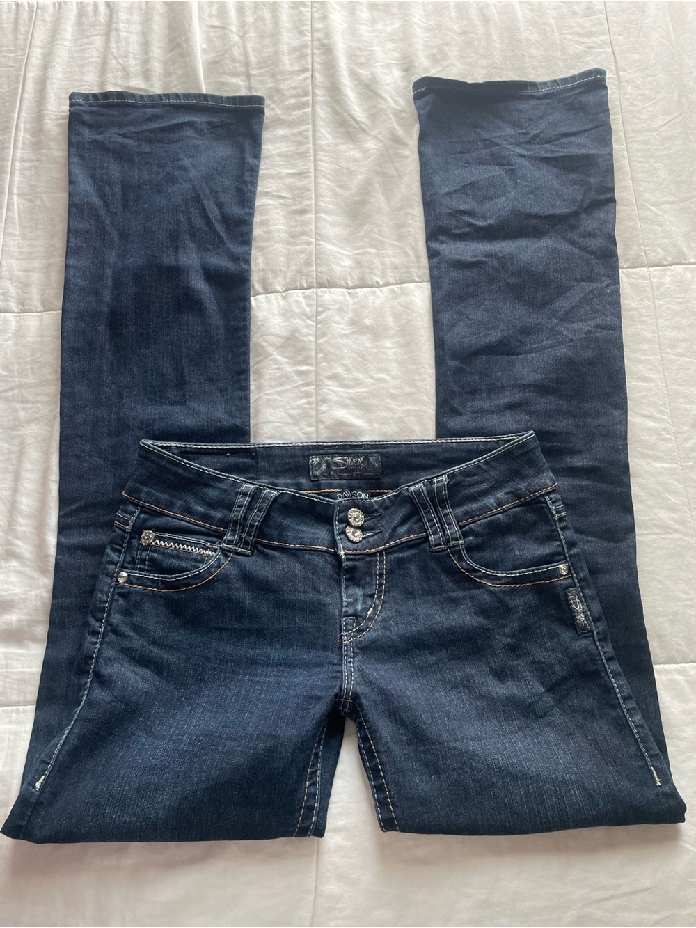 Y2K Low Rise Bootcut Jeans Silver Dark Wash 27 Dawson Embellished Flap Pocket